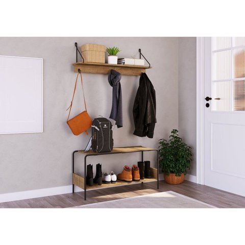 Conjunto Prateleira Decorativa e Sapateira Banco Multiuso Industrial Marrom/Vermont/Preto
