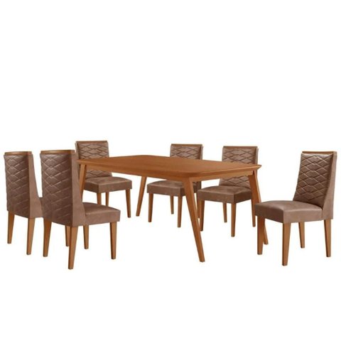 Sala Jantar Mesa Havana Tampo Curvo 180cm+6 Cadeiras Dafne Madeira Naturale - Capuccino/corano