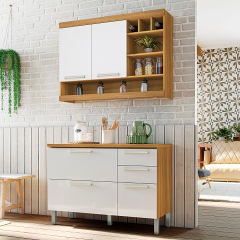 Cozinha Compacta Modulada 2 Peças Burguesa Premium 100% MDF Marrom/Amadeirado Freijó/Branco