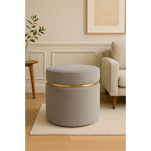 Puff com Cinta Dourada Superior Tecido de Linho