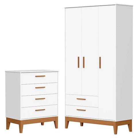 Jogo de Quarto Infantil Flip Guarda Roupa 3 Portas e Cômoda 4 Gavetas Branco Fosco - Reller Móveis