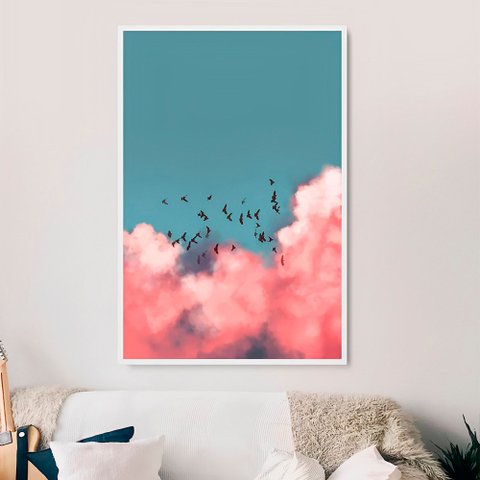 Quadro Céu Azul e Nuvens Rosas - Tela Canvas com Moldura Flutuante em Vários Tamanhos - Artfine