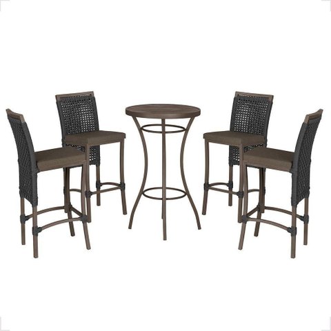 Mesa Bistrô e 4 Banquetas Roma Marrom Corda Estofado 9 Trama Preto