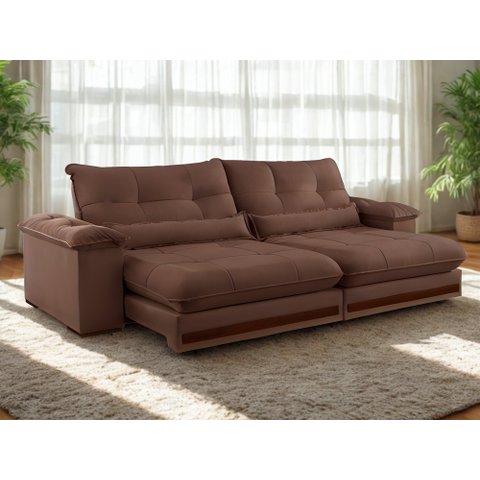 Sofa Qatar Retratil e Reclinavel 2,50 Metros Trevo Cor Veludo Marrom