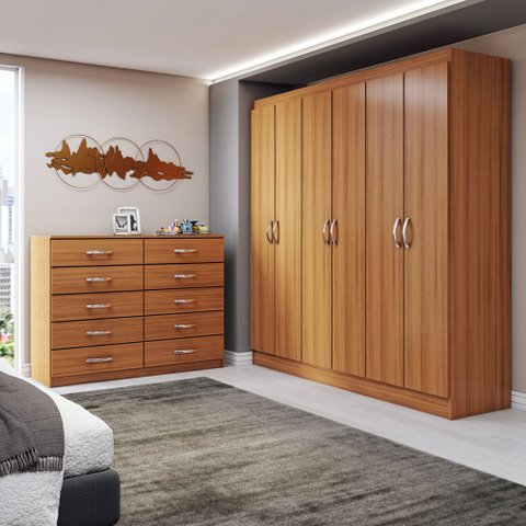 Guarda-roupa Casal Aiden 6 Portas 2 Gavetas com Cômoda 10 Gavetas Cinamomo - Panorama Móveis