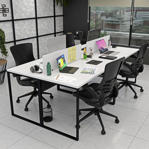 Estação de Trabalho Mesa Plataforma Industrial 4 Lugares Office Branco/Preto