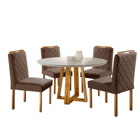 Mesa Redonda 1,0m e 4 Cadeiras Off-white Marrom Havana