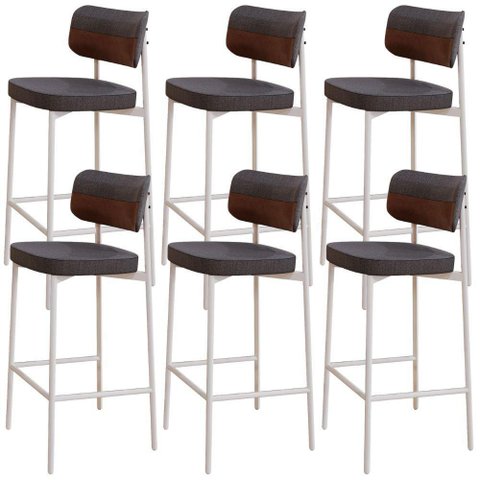 Kit 06 Banquetas Alta Bar Cozinha Sala de Jantar Aço Branco Kaira C01 Linho Preto Courino Whisky -