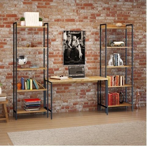 Conjunto 3 Peças com Escrivaninha e 2 Estantes Industriais Active Yescasa Marrom