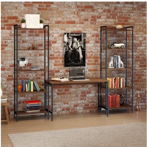 Conjunto 3 Peças com Escrivaninha e 2 Estantes Industriais Active Yescasa Marrom
