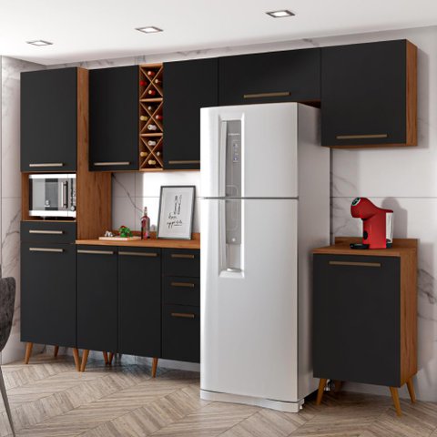 Armário De Cozinha Completa Com Adega 9 Portas 4 Gavetas Favorita Natura / Preto