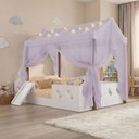 Ver imagem 2 de Cama Casinha Montessoriana Isa MDF + LED + Voal Lilás + Escorregador + Colchão Casal Kids - Branco