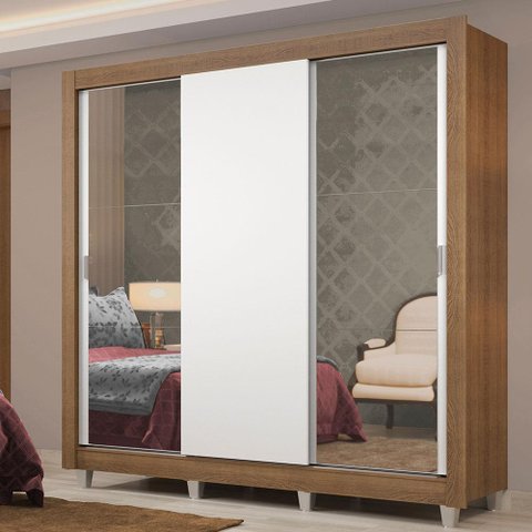 Guarda-roupa Casal Madesa Lyon Plus 3 Portas de Correr com Espelhos 4 Gavetas com Pés