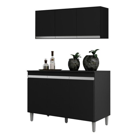 Kit Cozinha Balcão Manu 120cm com Tampo Mdp e Aéreo Andréia Preto - Ajl Móveis Preto