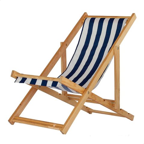 Espreguiçadeira Dobrável s/B com Tecido Listrado Azul/Branco Madeira Maciça