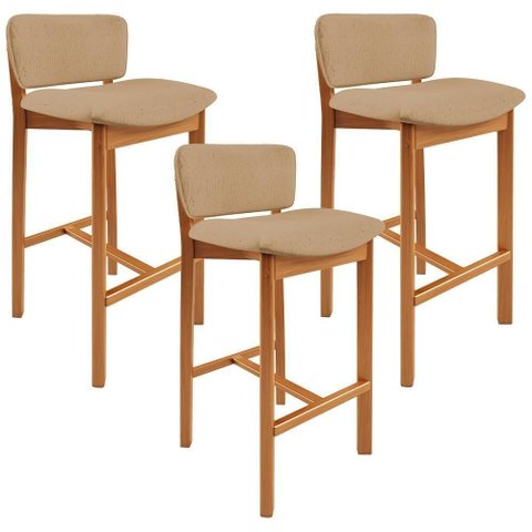 Kit 03 Banquetas Alta para Cozinha Sala de Jantar Bar Dara L02 Linho Bege Escuro - Lyam Decor