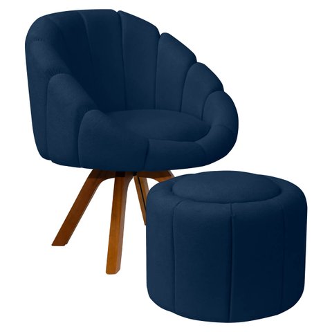 Kit Poltrona Decorativa Orgânica Flora Base Giratória com Puff Bouclê - Sofa Store:bouclê Azul Marin