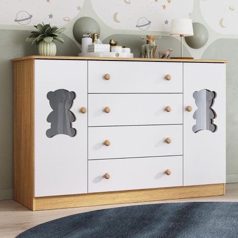 Cômoda Infantil 125cm 2 Portas com Vidro e 4 Gavetas Teddy Multimóveis Mp4490 Madeirado/branco