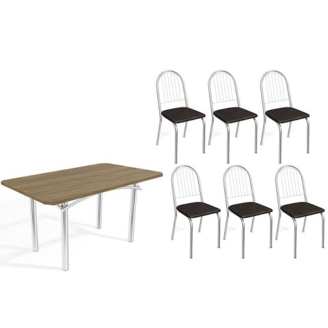 Sala de Jantar Completa Elba C/ Tampo de Madeira 160cm e 6 Cadeiras Noruega Cromada/nogueira -