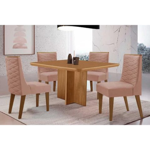 Sala Jantar Mesa Berlim Tampo Curvo 90cm+4 Cadeiras Dafne Madeira Naturale - Capuccino/linho