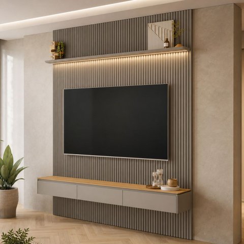 Painel Ripado para TV 85 pol com Bancada Orgânica e Prateleira LED 219cm Slats L05 Tauari Gris Fosco