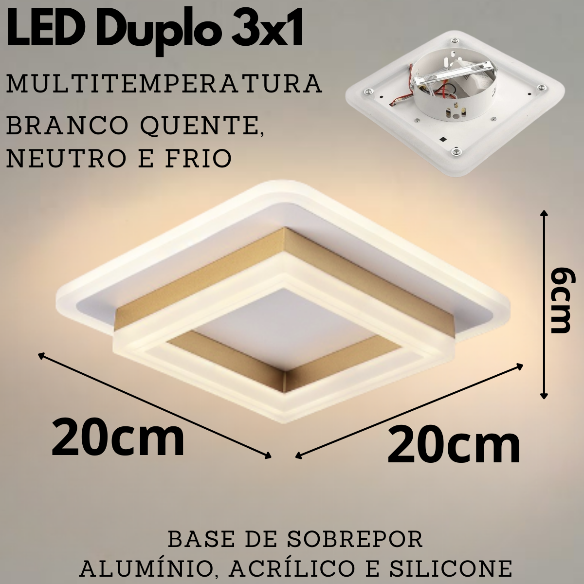 Ver imagem 2 de Luminária Teto Lustre Plafon 24 Watts 20cm Led Duplo 3 Cores Multitemperatura Bivolt Kjgd-348:dourad