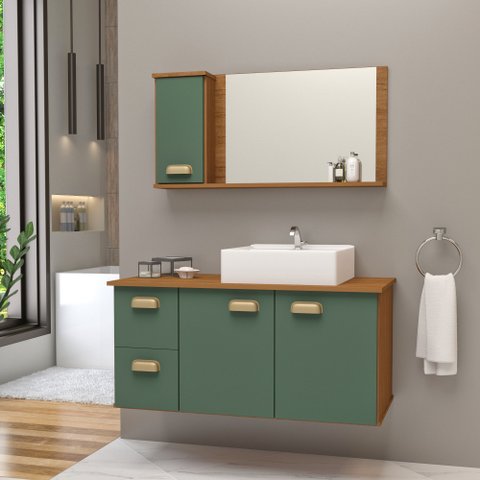 Conjunto Gabinete Banheiro Lisboa MDF 80cm com Cuba e Espelheira:Verde