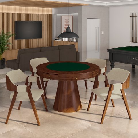 Conjunto Mesa de Jogos Carteado Bellagio Tampo Reversível Verde e 4 Cadeiras Madeira Poker Base Cone