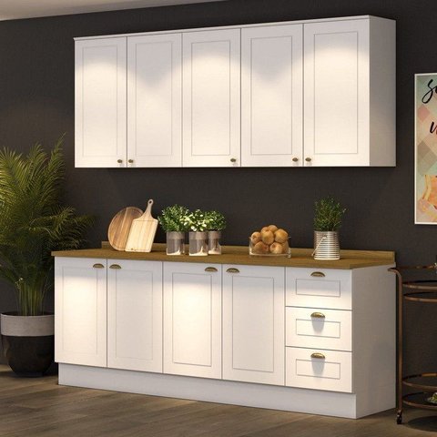 Cozinha Compacta Modulada 4 Peças 9 Portas 3 Gavetas Emily Espresso Móveis Branco/HP/Nature