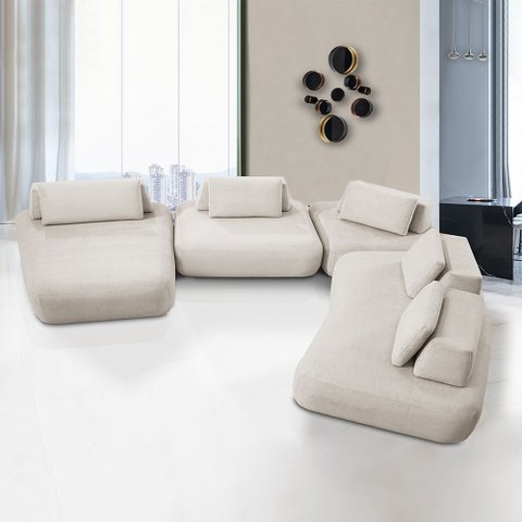 Sofá Sala de Estar Modulado Design Moderno 585cm Pés de Madeira Appa Veludo Bege G93 - Gran Belo