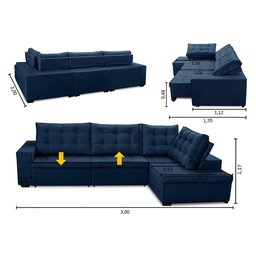 Sofá de Canto Retrátil e Reclinável com Molas 3,00x2,00 Ld Jacke Suede Azul Madelina Decor - 1