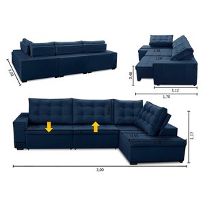 Sofá de Canto Retrátil e Reclinável com Molas 3,00x2,00 Ld Jacke Suede Azul Madelina Decor