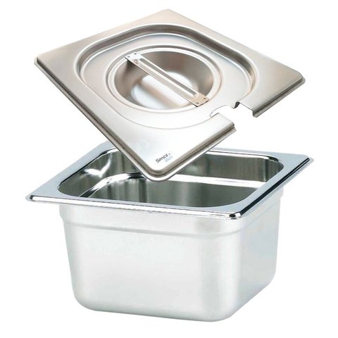 CONJ 10 CUBA Gastronômica Em INOX GN 1/6x100 mm 1,5 Litros + 10 TAMPAS 1/6 Em INOX Com ABERTURA Para