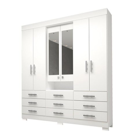 Guarda Roupa Casal com Espelho 9 Gavetas 6 Portas 100% Mdf Débora Branco