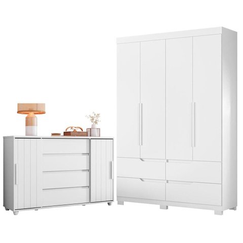 Guarda Roupa Solteiro Doble 04 Portas e Cômoda Evidenza Branco Freijo Flex- Móveis Albatroz