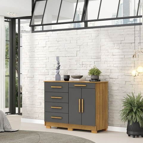 Cômoda Sapateira Batel 5 Gavetas 2 Porta de Bater com Prateleira Nature/chumbo G98 - Gran Belo
