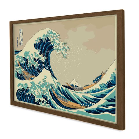 Quadro Decorativo a Grande Onda de Kanagawa em Moldura Caixa Tacolado Moldura Trad 1cm Madeira Escur