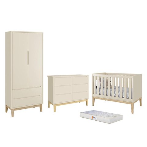 Dormitório Completo Infantil Classic 2 Portas, Cômoda 6 Gavetas, Berço Areia Fosco com Pés