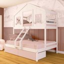 Ver imagem 1 de Beliche Casal/ Solteiro Casinha Dos Sonhos com 02 Gavetas Madeira Maciça Branco/ Rosa Megamobilia