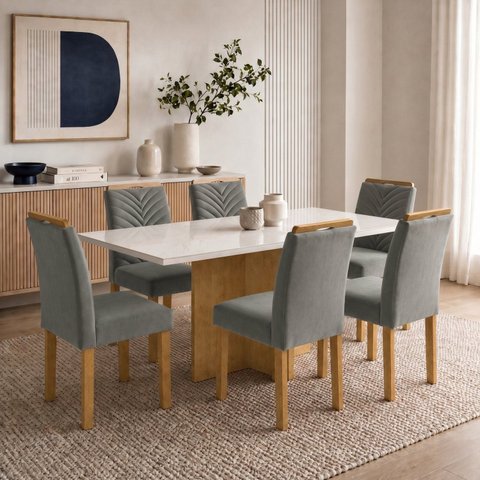 Conjunto Sala de Jantar 6 Lugares Carol Tampo Vidro e MDF Cinamomo Off White Cinza