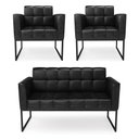 Ver imagem 1 de Kit 1 Sofá Namoradeira e 2 Poltronas Elisa Corano Preto Base Metálica Industrial Preto - D'Rossi