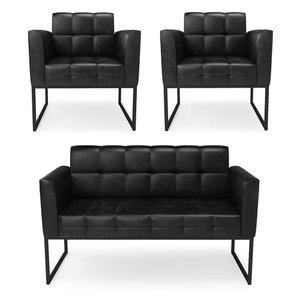 Kit 1 Sofá Namoradeira e 2 Poltronas Elisa Corano Preto Base Metálica Industrial Preto - D'Rossi