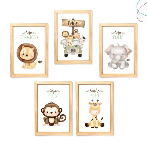 Kit 5 Quadros Decorativos Infantil Safari Baby Aquarela:pinus