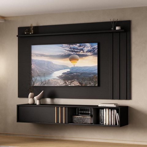 Conjunto Rack e Painel para TV 160cm e 180cm MDP Preto Móveis Carraro