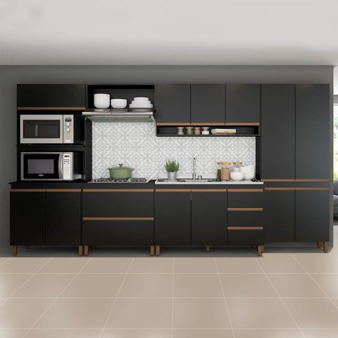 Cozinha Modulada com Balcão Pia 360x202cm 6 Peças MDP Preto Prime