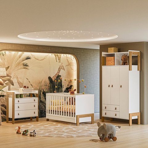 Kit Infantil Guarda Roupa 3 Portas 2 Gavetas com Comoda 3 Gavetas e Berço Mini Cama Magia Branco