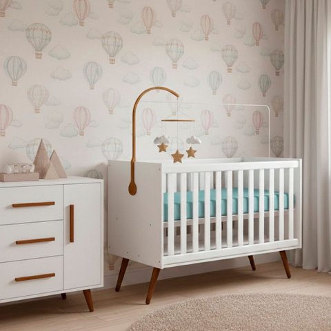 Quarto Bebê Infantil Q Encanto Berço Vira Cama e Comoda Sapateira 1 Portas 4 Gavetas Retrô Qmovi