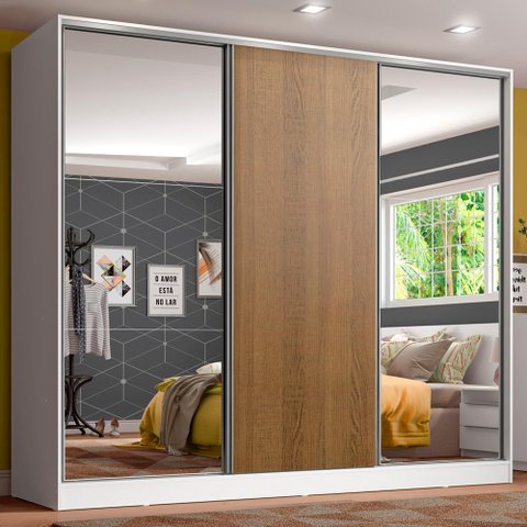 Guarda Roupa Juvenil 100% Mdf Madesa Kevin 3 Portas de Correr com Espelhos - Branco/rustic