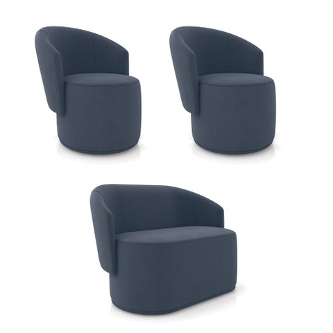 Sofá Namoradeira e 2 Poltronas Orgânica para Sala Malu Suede Azul Marinho M11 - D’Rossi