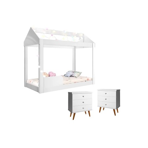 Quarto Infantil Completo com Mesa de Cabeceira Status 3 Gav e Cama Montessoriana Crystal Branco - Re